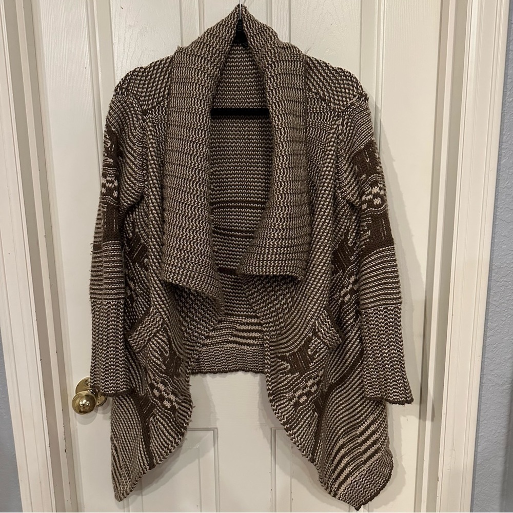 Love Stitch Cardigan Size Medium Open Draped Front Brown Wool Blend Boho Aztec